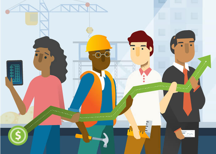 An architect, construction worker and building owner examine data together in the future of design.