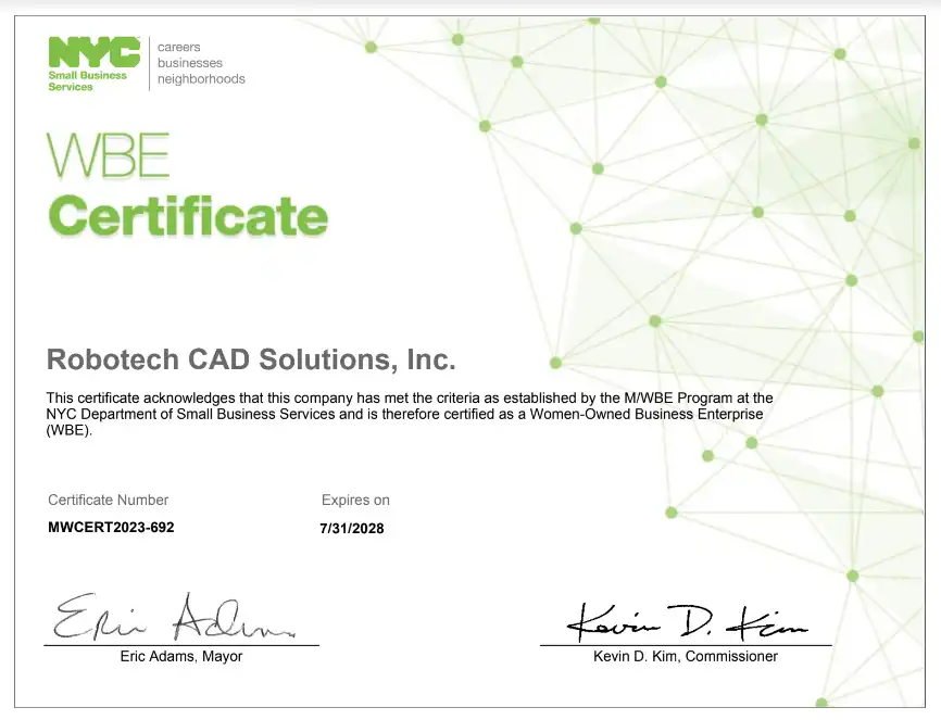 Happy to Announce Robotech CAD Solutions, Inc. is M/WBE-Certified in NYC!